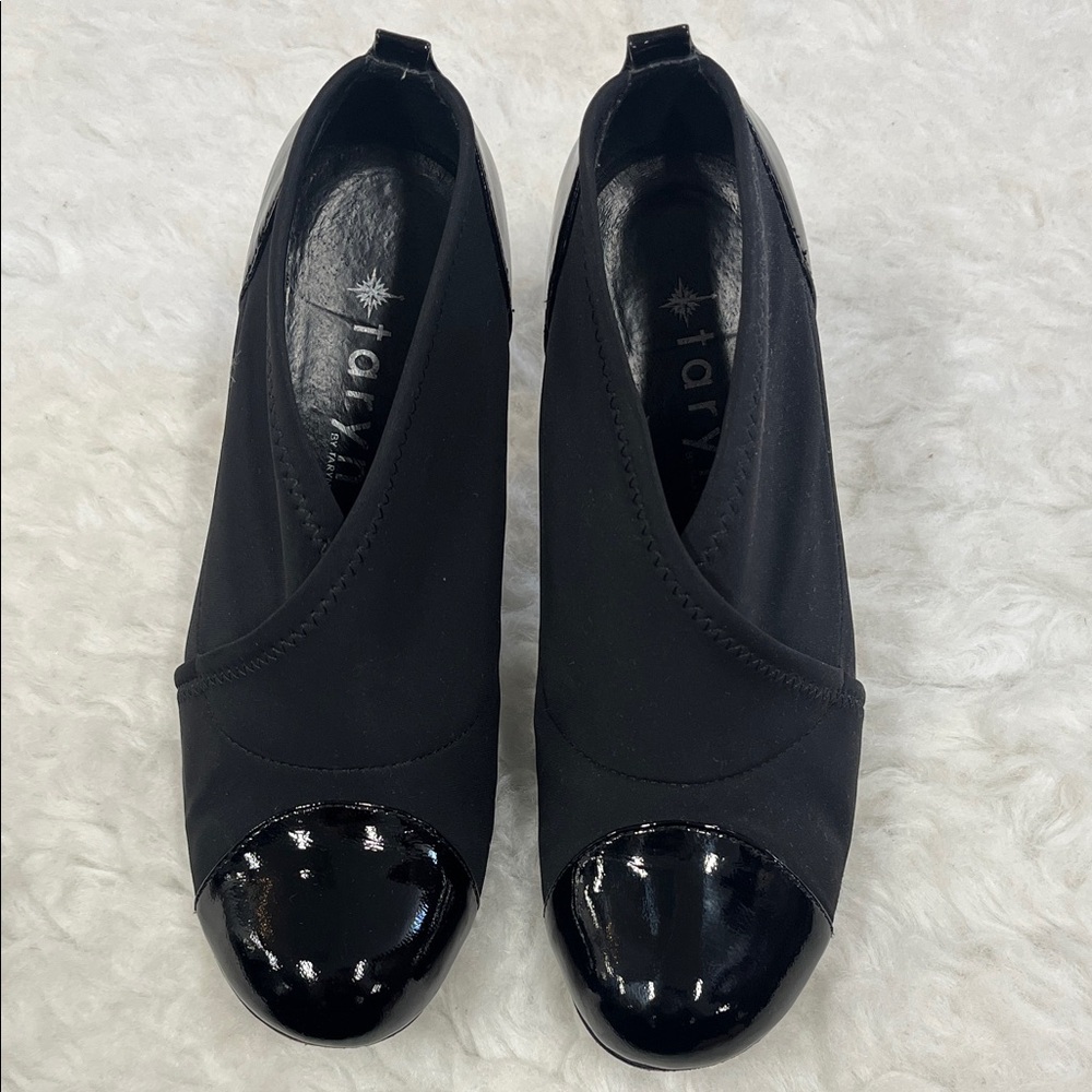 Taryn Rose Black Stretch Peep-Toe Heels with Patent Cap